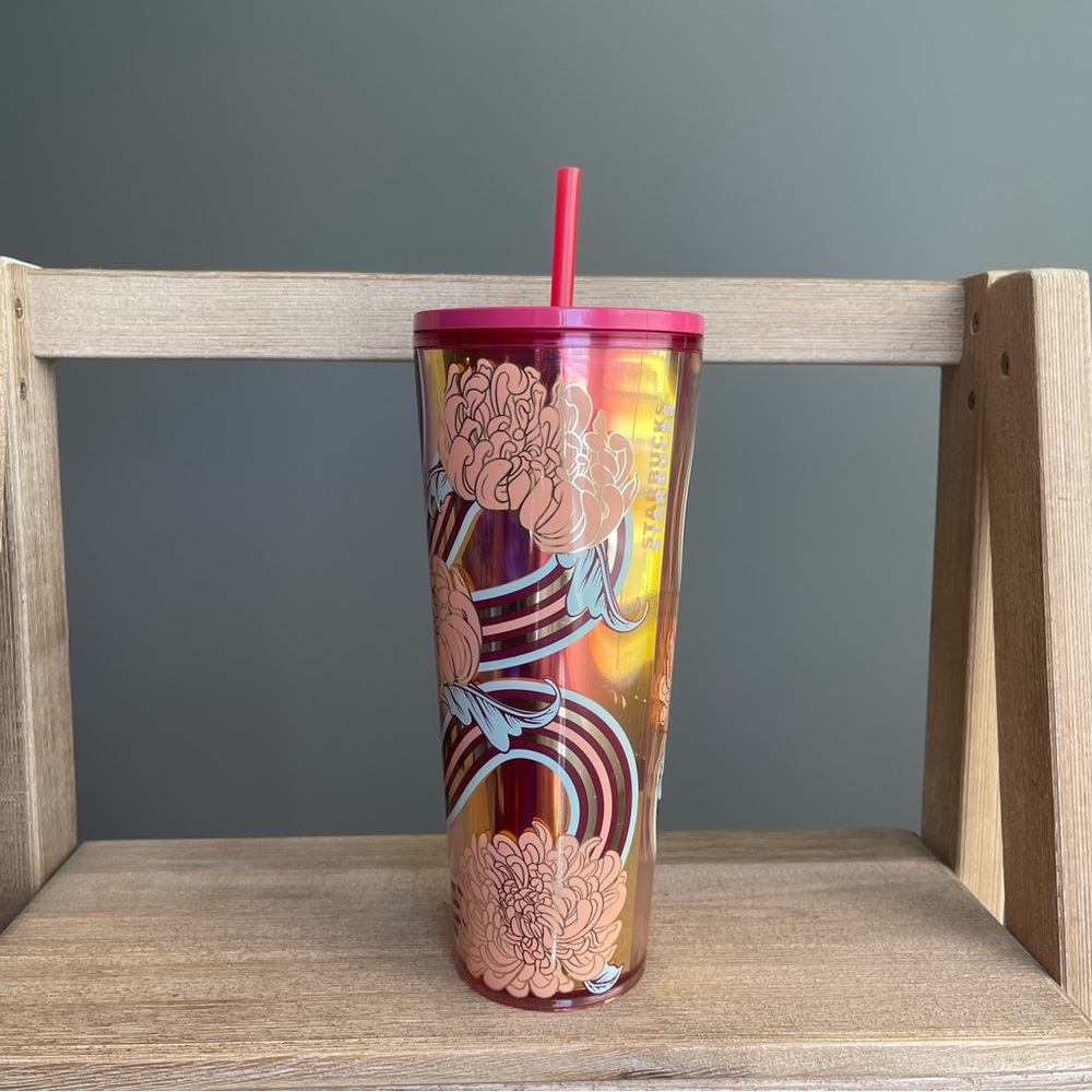 Starbucks Flower Festive Iridescent 24 oz Venti Cold Cup Tumbler w. Lid & Straw